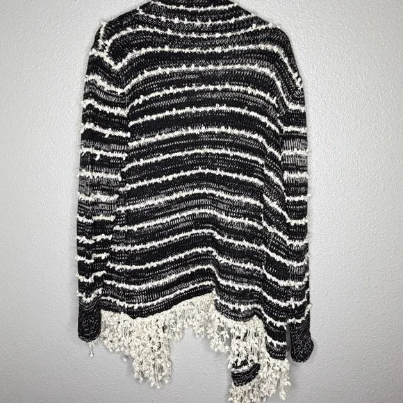 Anthropologie La Fee Verte Boho Fringe Cardigan Sweater Black White Striped XL - Picture 2 of 8
